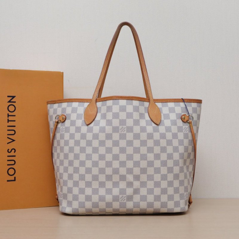 LOUIS VUITTON Neverfull中號31配子袋白棋格PVC金扣2017肩背包-0