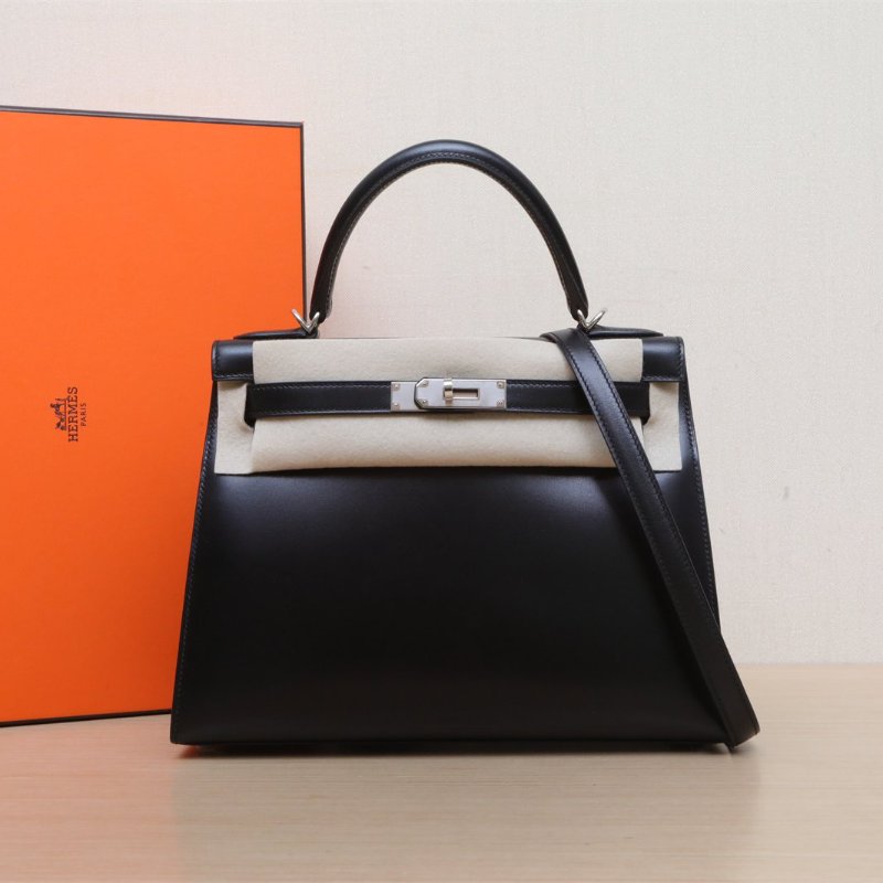 HERMES Kelly2889黑色Box皮D刻銀扣肩背包-0