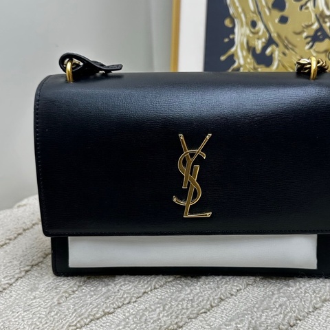 YSL 金標Logo Sunset日落包 黑白熊貓拼色 鏈條包手提單肩包