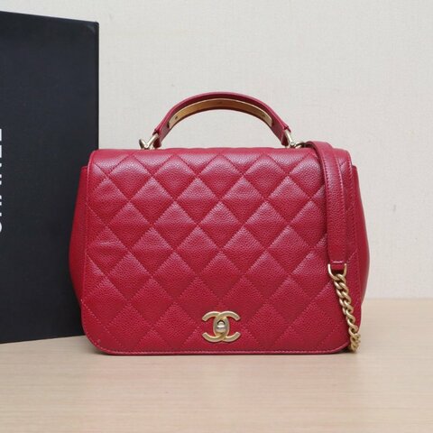 CHANEL 菱格紋金屬手柄馬鞍包紅色荔枝牛皮24開金扣肩背包