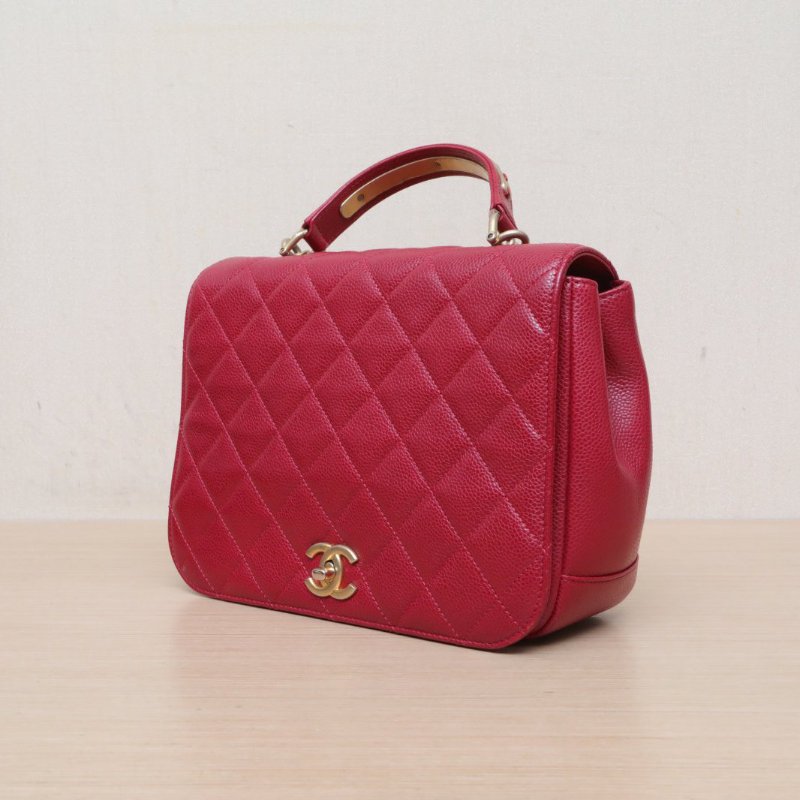 CHANEL 菱格紋金屬手柄馬鞍包紅色荔枝牛皮24開金扣肩背包-4