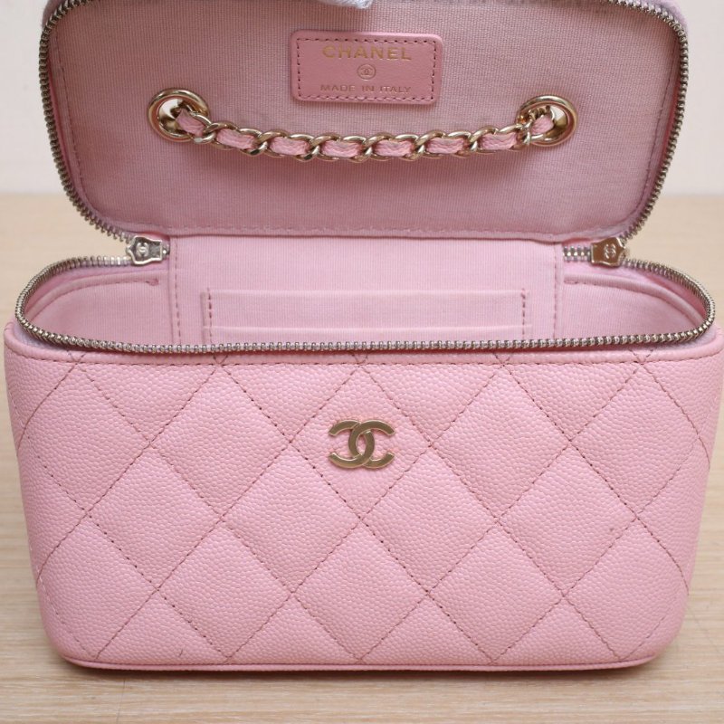 CHANEL 經典款長盒子化妝包無鏡子17粉色荔枝牛皮31開淺金扣肩背包-2