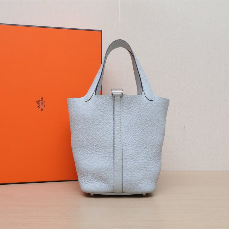 HERMES Picotin18菜籃子08聖杯藍TC皮B刻銀扣肩背包-0