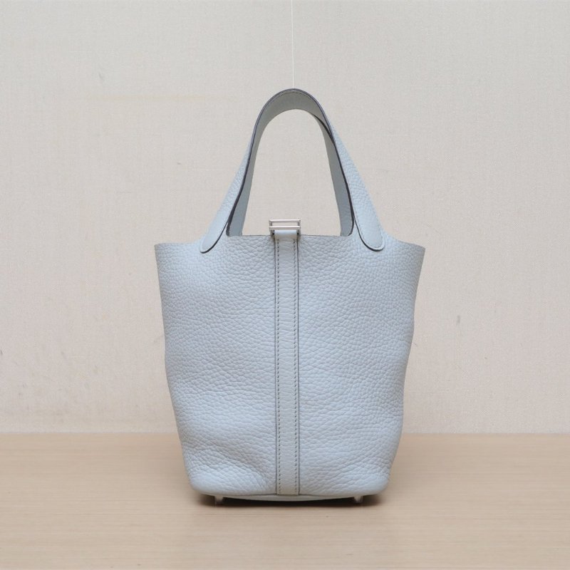 HERMES Picotin18菜籃子08聖杯藍TC皮B刻銀扣肩背包-1