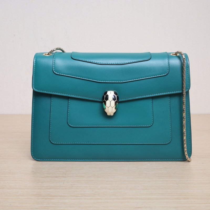 BVLGARI SerpentiForever風琴蛇頭包橫版28無手柄綠色牛皮肩背包-0