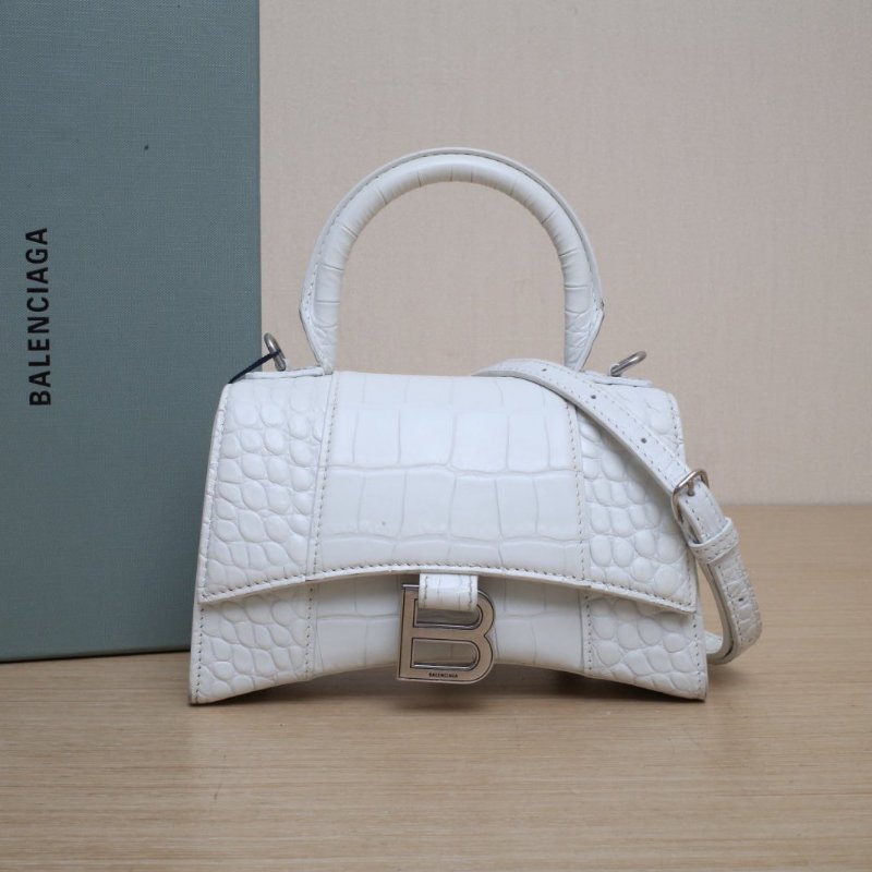 BALENCIAGA 鱷魚壓紋Hourglass沙漏手袋XS碼銀扣白色牛皮肩背包-0