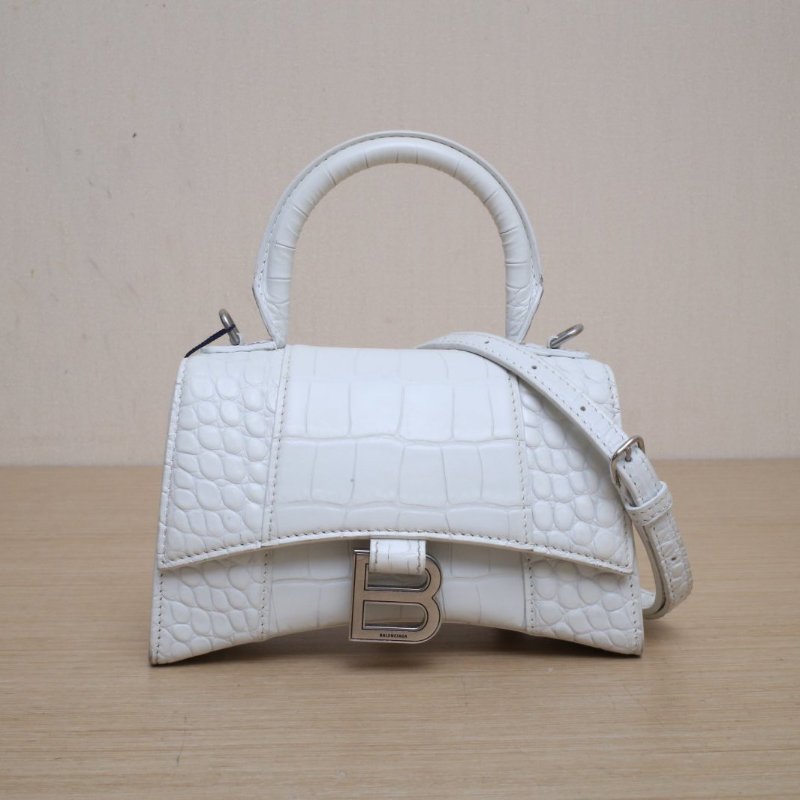 BALENCIAGA 鱷魚壓紋Hourglass沙漏手袋XS碼銀扣白色牛皮肩背包-1