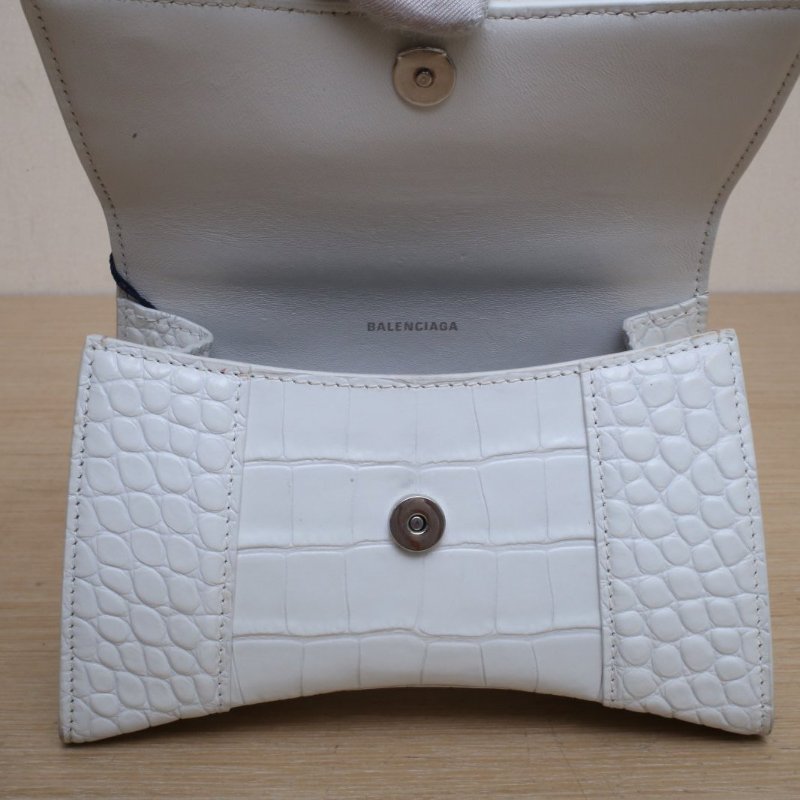BALENCIAGA 鱷魚壓紋Hourglass沙漏手袋XS碼銀扣白色牛皮肩背包-3