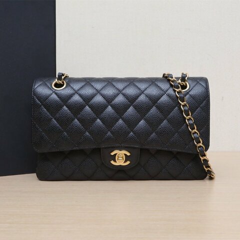 CHANEL CF口蓋包中號25.5黑色荔枝牛皮27開金扣肩背包