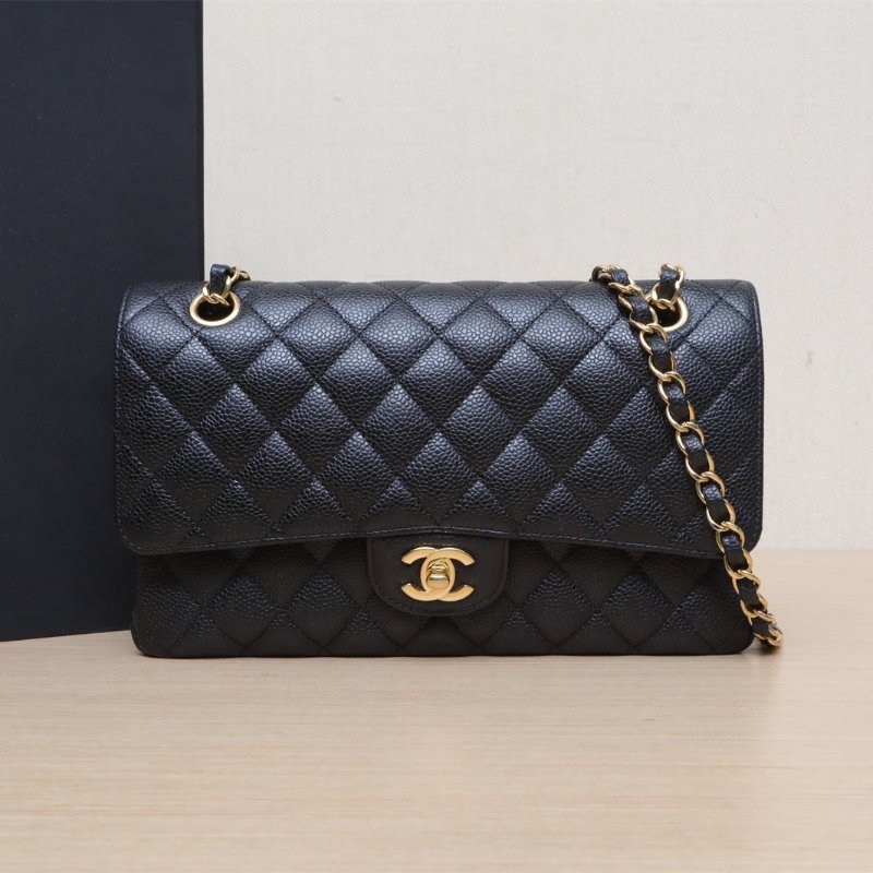 CHANEL CF口蓋包中號25.5黑色荔枝牛皮27開金扣肩背包-0