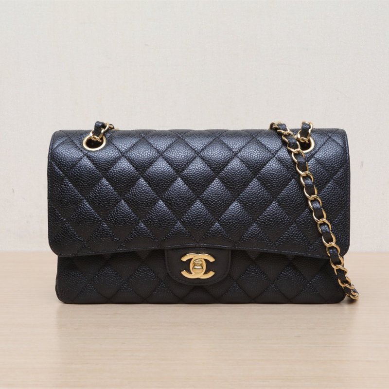 CHANEL CF口蓋包中號25.5黑色荔枝牛皮27開金扣肩背包-1