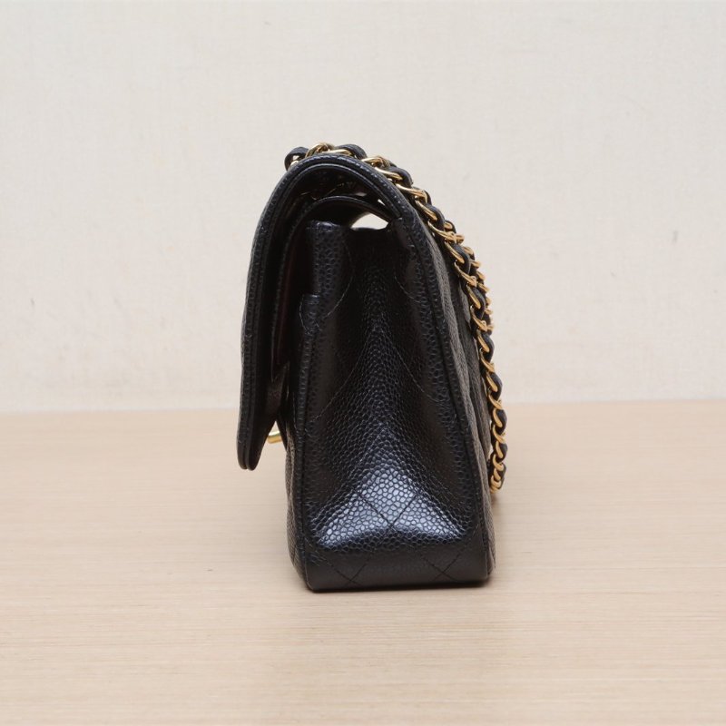 CHANEL CF口蓋包中號25.5黑色荔枝牛皮27開金扣肩背包-4