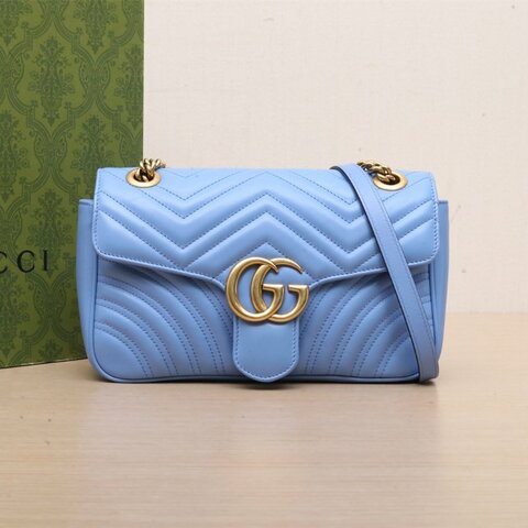 GUCCI GGMarmont肩背包小號26藍色牛皮金扣肩背包