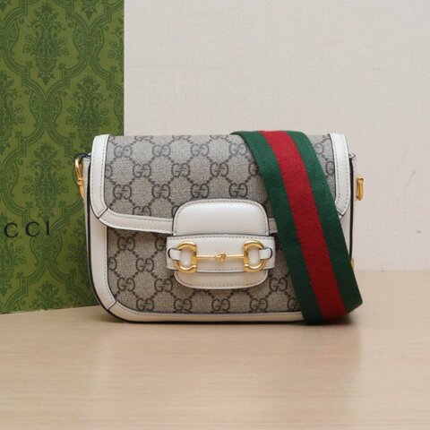 GUCCI Horsebit馬銜扣1955馬鞍包Mini20.5可拆卸雙肩帶白色帆布金扣肩背包