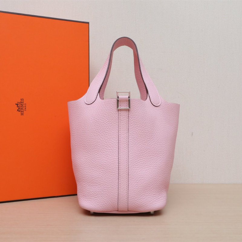 HERMES Picotin18菜籃子3Q新櫻花粉TC皮B刻銀扣肩背包-0