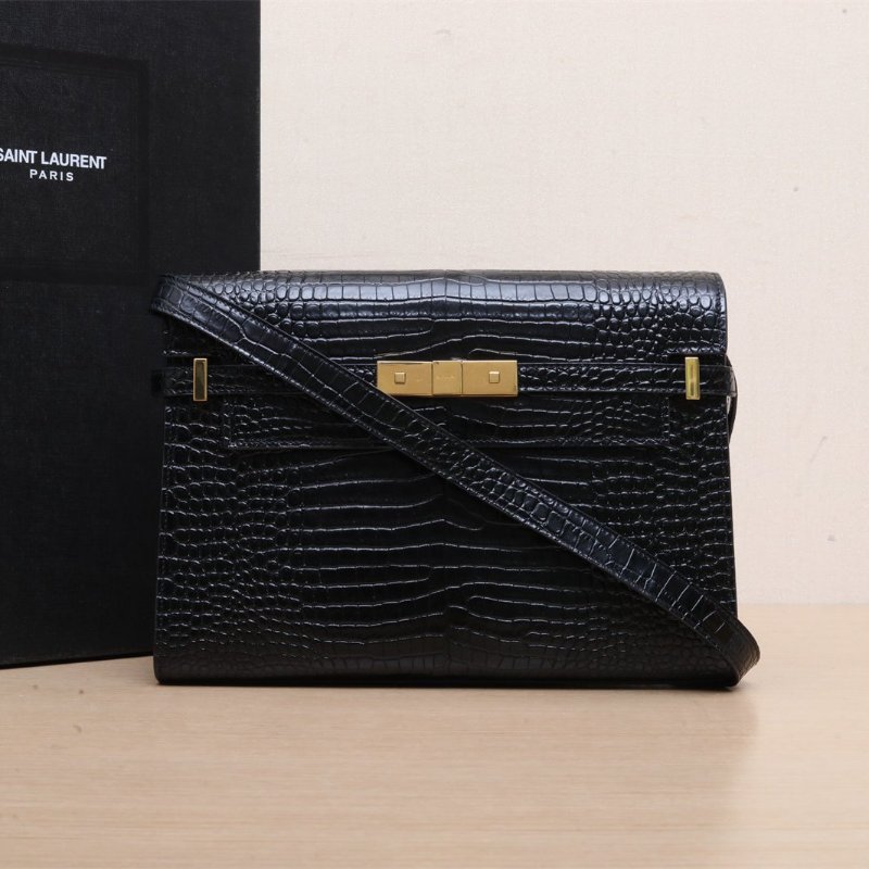 SAINT LAURENT MANHATTAN曼哈頓BOX中號29鱷魚壓紋黑色牛皮金扣肩背包-0