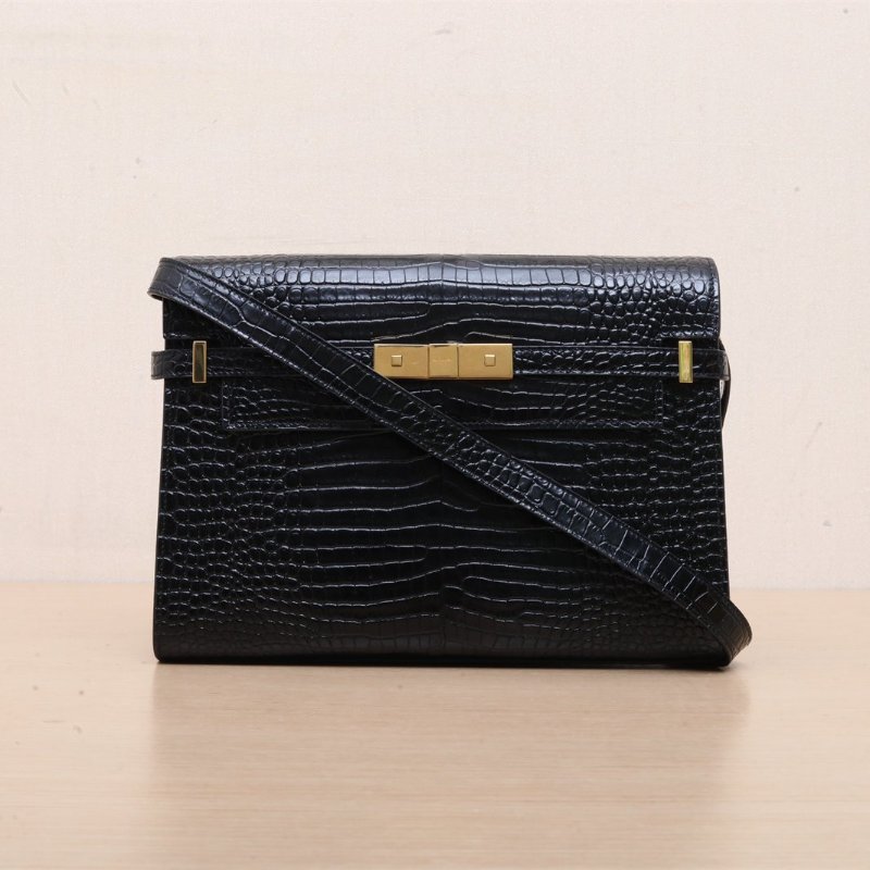 SAINT LAURENT MANHATTAN曼哈頓BOX中號29鱷魚壓紋黑色牛皮金扣肩背包-1
