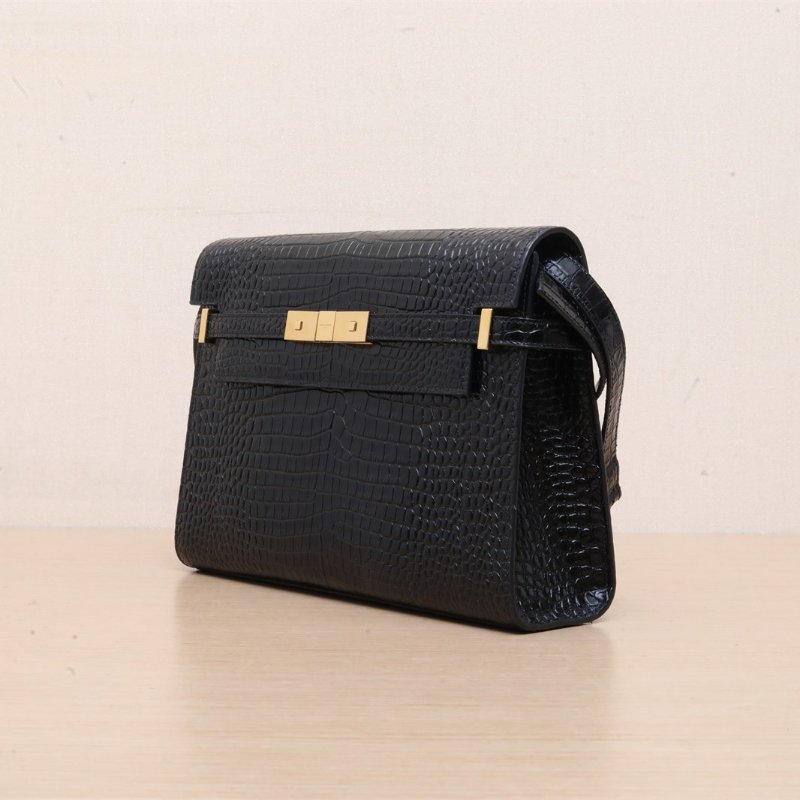 SAINT LAURENT MANHATTAN曼哈頓BOX中號29鱷魚壓紋黑色牛皮金扣肩背包-3