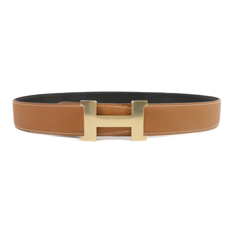 HERMES Togo/Box Calf皮革H Belt金扣皮帶Gold/Noir-0