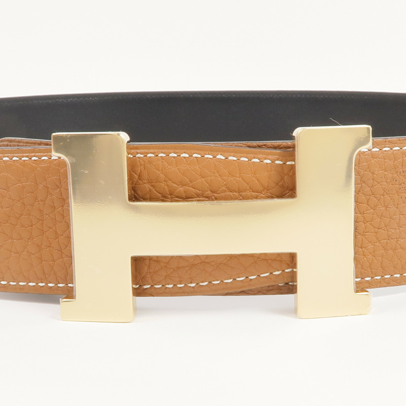 HERMES Togo/Box Calf皮革H Belt金扣皮帶Gold/Noir-3