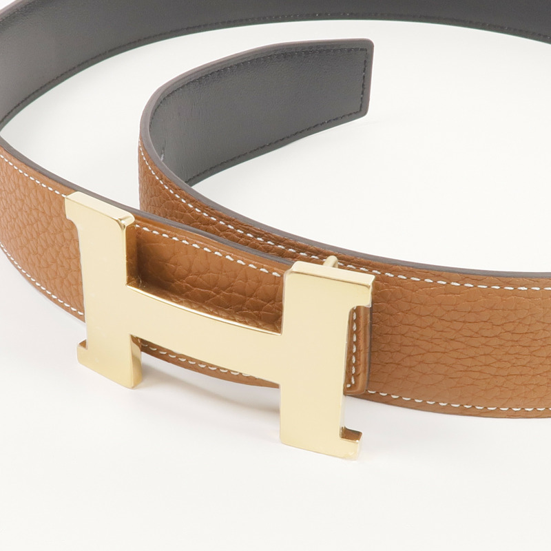 HERMES Togo/Box Calf皮革H Belt金扣皮帶Gold/Noir-5