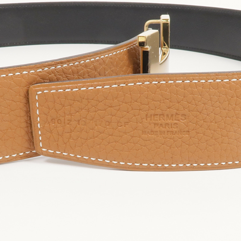 HERMES Togo/Box Calf皮革H Belt金扣皮帶Gold/Noir-6