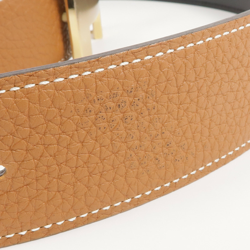 HERMES Togo/Box Calf皮革H Belt金扣皮帶Gold/Noir-7