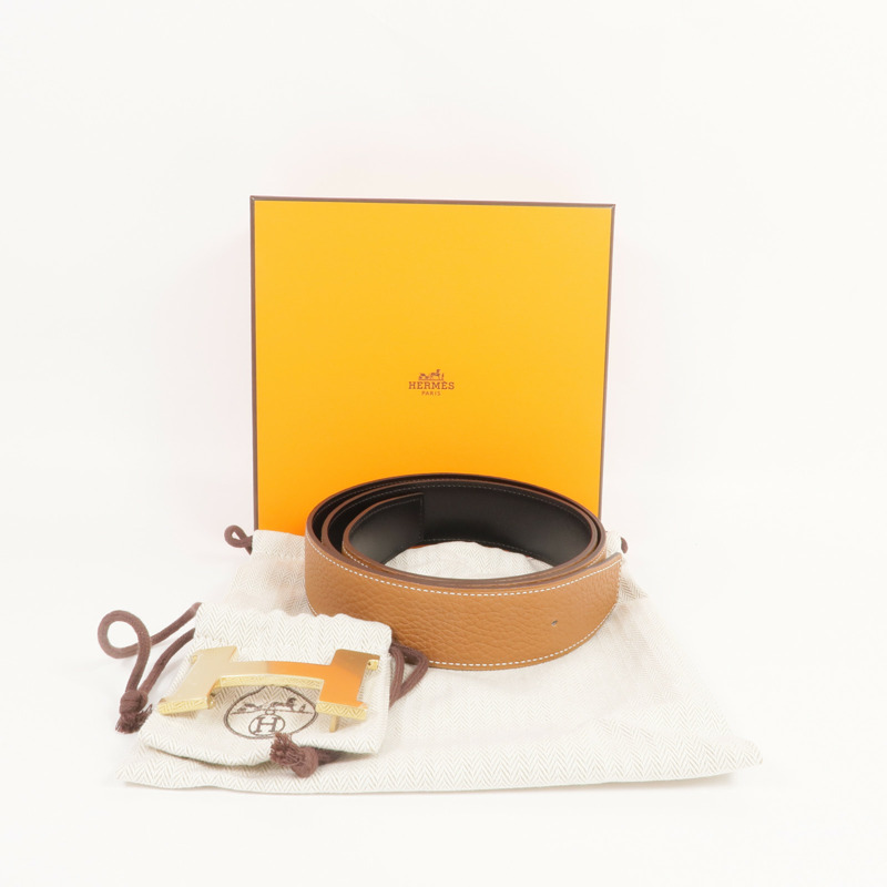 HERMES Togo/Box Calf皮革H Belt金扣皮帶Gold/Noir-9