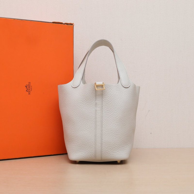 HERMES Picotin18菜籃子8L冰川白TC皮B刻金扣肩背包-0