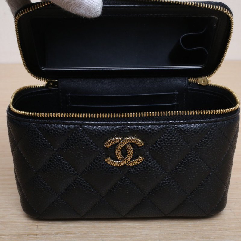 CHANEL 24K長盒子化妝包帶鏡子16.5黑色荔枝羊皮鐳射標荔枝紋金扣單皮穿鏈肩帶肩背包-2