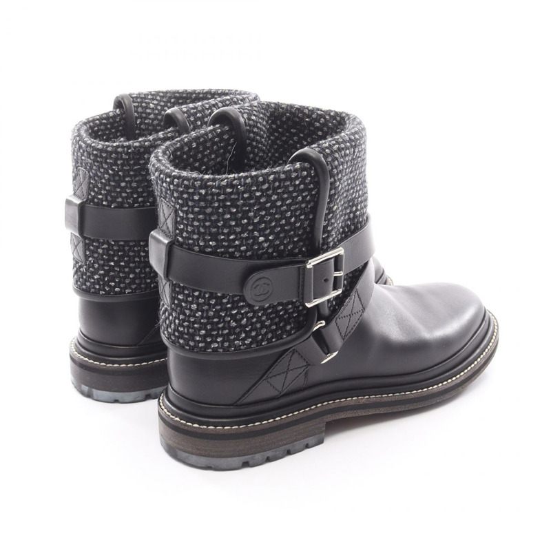 香奈兒 COCO 標誌短靴 #37 G30155 黑色斜紋軟呢皮革二手女鞋-1