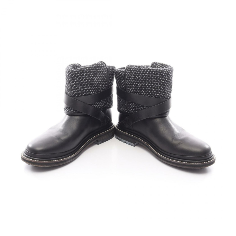 香奈兒 COCO 標誌短靴 #37 G30155 黑色斜紋軟呢皮革二手女鞋-2