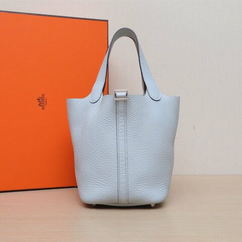 HERMES Picotin18菜籃子08聖杯藍TC皮W刻銀扣肩背包