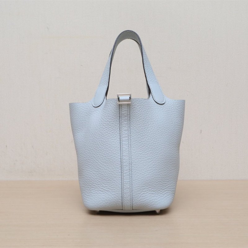 HERMES Picotin18菜籃子08聖杯藍TC皮W刻銀扣肩背包-1