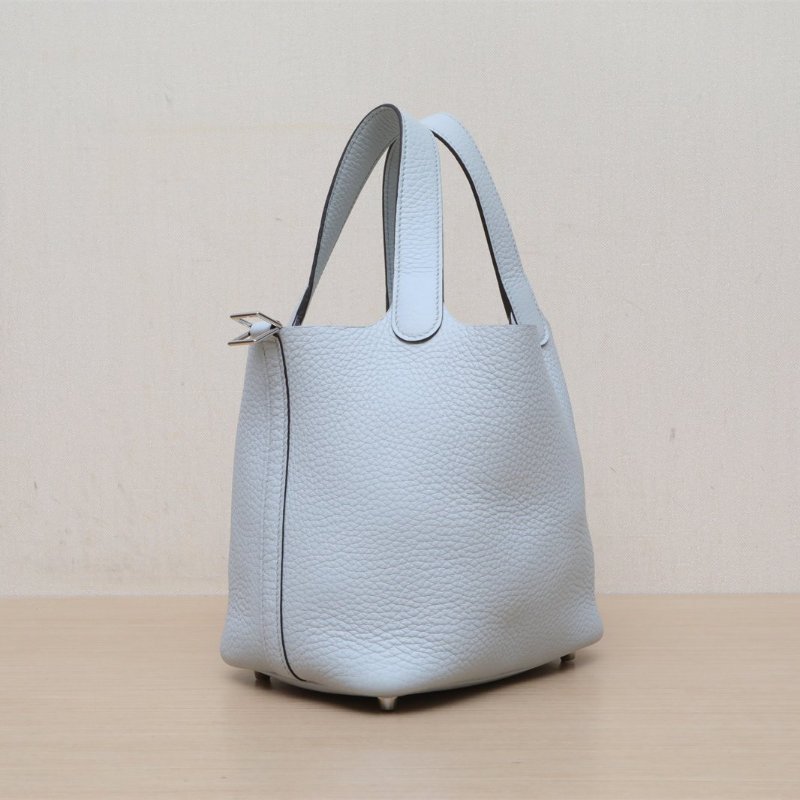 HERMES Picotin18菜籃子08聖杯藍TC皮W刻銀扣肩背包-3