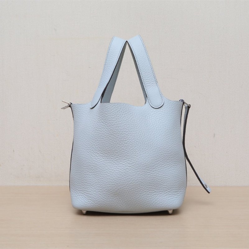 HERMES Picotin18菜籃子08聖杯藍TC皮W刻銀扣肩背包-4