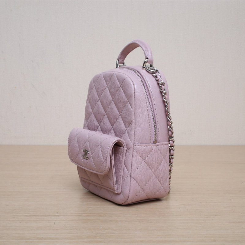 CHANEL 手提前口袋雙肩包13粉色荔枝牛皮鐳射標銀扣24C肩背包-3