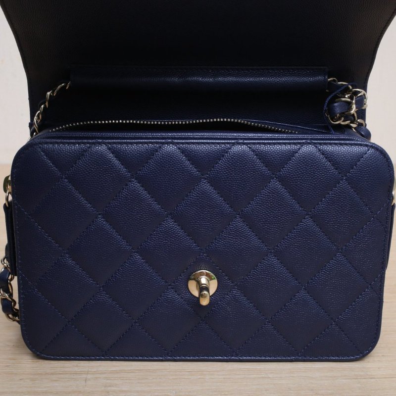 CHANEL 藍色荔枝牛皮晶片開淺金扣CF底長22肩背包-2
