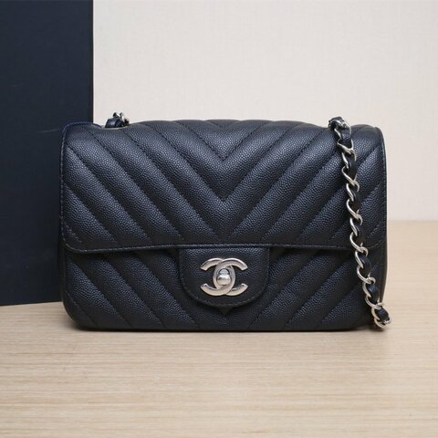 CHANEL CF口蓋包大Mini20黑色荔枝牛皮25開銀扣V紋肩背包