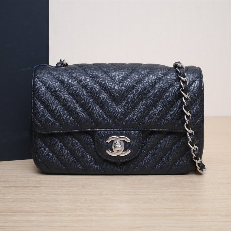 CHANEL CF口蓋包大Mini20黑色荔枝牛皮25開銀扣V紋肩背包-0