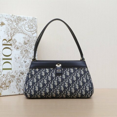DIOR Key腋下包中號30老花帆布淺金扣2023Oblique印花肩背包