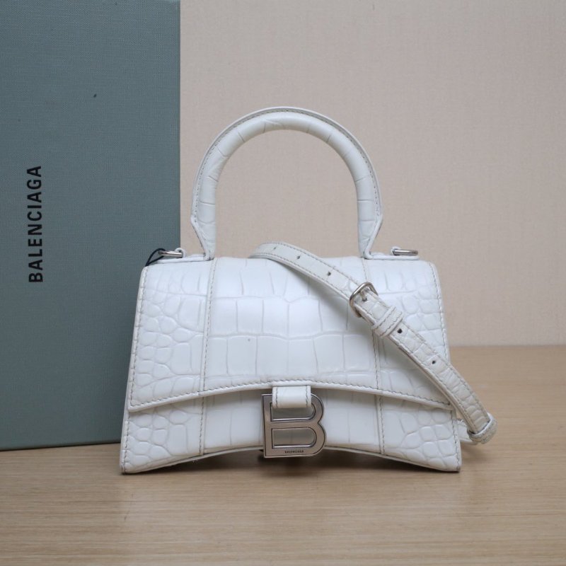 BALENCIAGA 鱷魚壓紋Hourglass沙漏手袋XS19銀扣白色牛皮肩背包-0