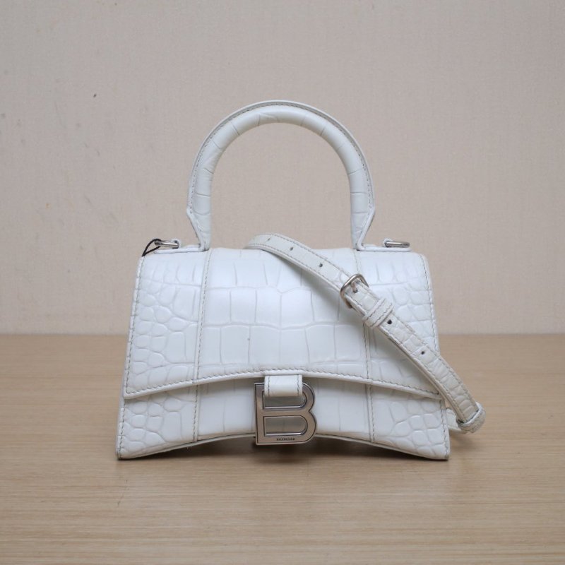 BALENCIAGA 鱷魚壓紋Hourglass沙漏手袋XS19銀扣白色牛皮肩背包-1