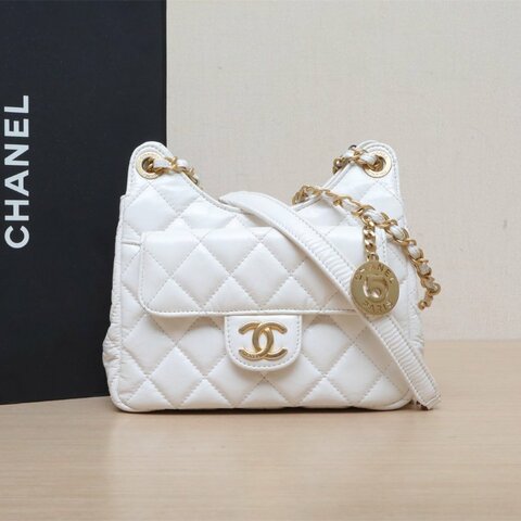 CHANEL 天貓精靈雙皮穿鏈可腋下/19白色牛皮晶片開金扣肩背包