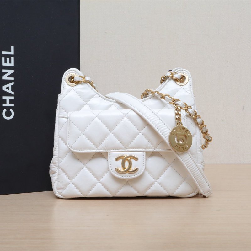 CHANEL 天貓精靈雙皮穿鏈可腋下/19白色牛皮晶片開金扣肩背包-0