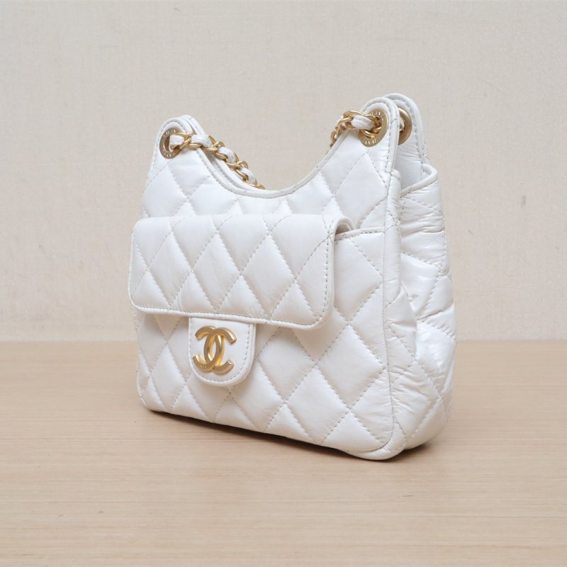 CHANEL 天貓精靈雙皮穿鏈可腋下/19白色牛皮晶片開金扣肩背包-3