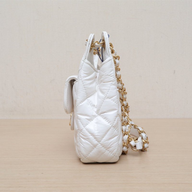 CHANEL 天貓精靈雙皮穿鏈可腋下/19白色牛皮晶片開金扣肩背包-4
