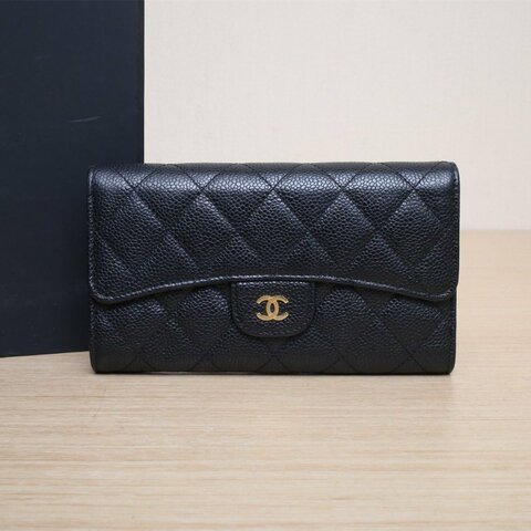 CHANEL CF長款三折口蓋錢包19.5黑色荔枝牛皮19開金扣肩背包