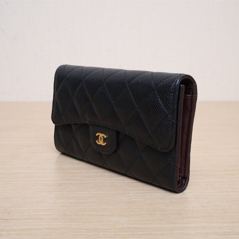 CHANEL CF長款三折口蓋錢包19.5黑色荔枝牛皮19開金扣肩背包-3