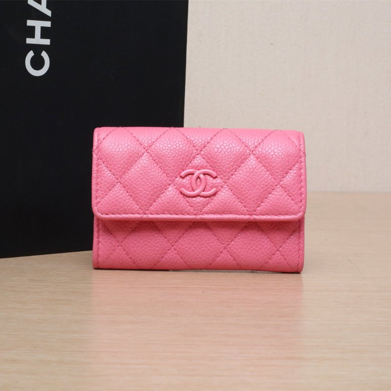 CHANEL 粉色荔枝牛皮29開銀扣卡包肩背包-0